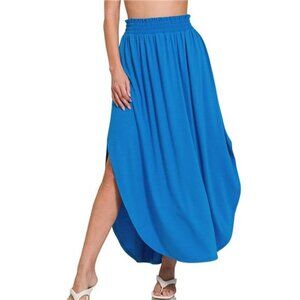 Zenana Smocked Waist Side Slit Maxi Skirt With Pockets